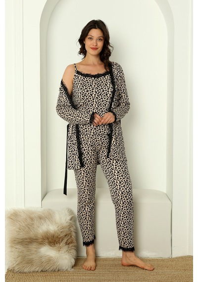 Nisanca Sabahlıklı Dantel Detaylı Pegasus Kadın Pijama Takımı-çeyizlik Takım- Geniş Beden Aralığı Leopar