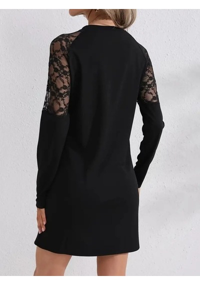 Moderie Butik Kadın Uzun Kollu Bisiklet Yaka Dantel Detaylı Visk8n Iki Iplik Düğmeli Mini Elbise Siyah