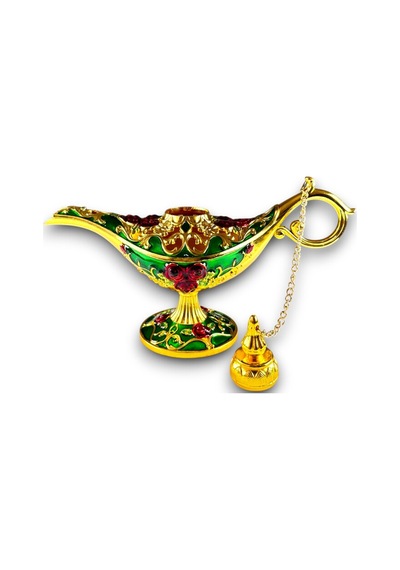 Aladdin Sihirli Lambası Mineli Renkli İşlemeli Dekoratif Biblo Alaattin Metal Çelik 23x15 CM