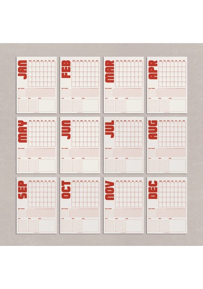 Tarihsiz Aylık Planlayıcı Takvim, Kırmızı Retro Organizer Planlayıcı