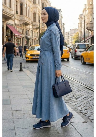 Hb Harma Time Butik Kadın Düğmeli Kuşaklı Kot Mavi Tesettür Elbise Kot Mavi Kot Mavi