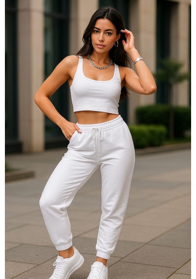 Kadın Beyaz Eşofman Altı - Yüksek Bel Oversize Rahat Kesim Bağcıklı Basic Eşofman Altı Çok Renkli
