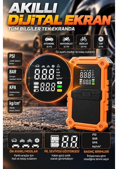 Tr Akü Takviye Hava Kompresörü 150 Psı 24000 Mah 2000 Amper Taşınabilir Araç Lastik Şişirme Pompası Powerbank L