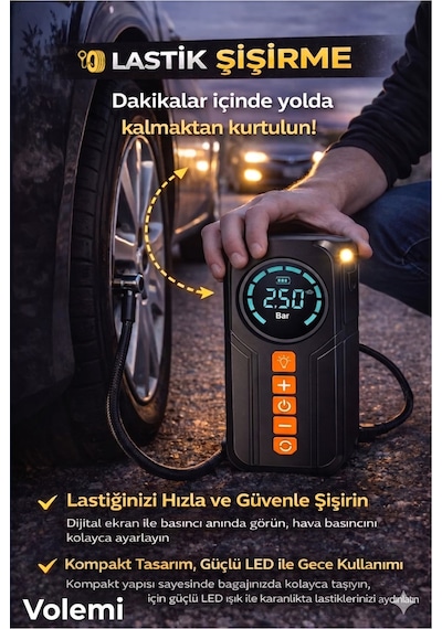 Volemi Vm-726 4'ü 1 Arada Taşınabilir Şarjlı Akü Takviye Cihazı Ve Lastik Şişirme Pompası 10000mah Powerba