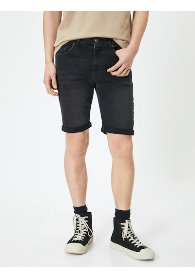 Koton Yırtık Kot Şort Bermuda Slim Fit Katlı Paça Düğmeli Siyah 4sam40314nd Siyah