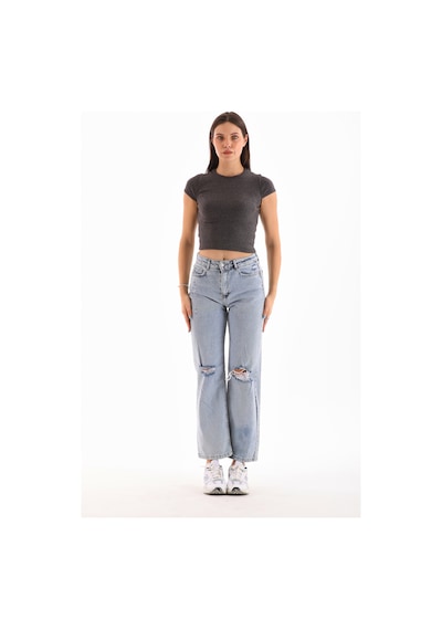 Loısy Kadın Likralı Kısa Kol Crop Bluz Antrasit