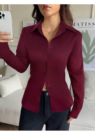 Kadın Arkası Bağcıklı Gömlek Slim Fit Günlük Ve Ofis Kombin Modern Tasarım Bordo