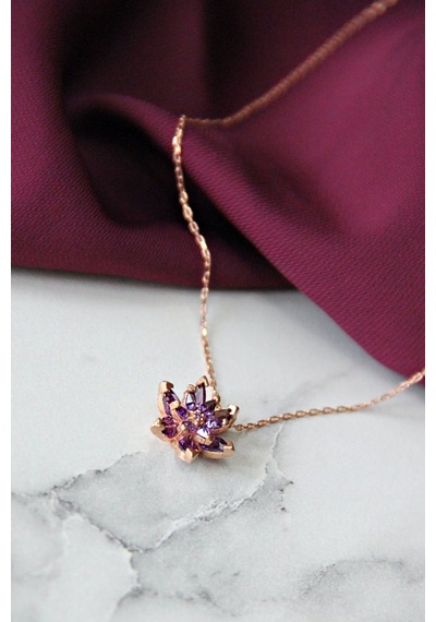 925 Ayar Gümüş Mor Lotus Çiçeği Kolye - N165701 Rose Gold