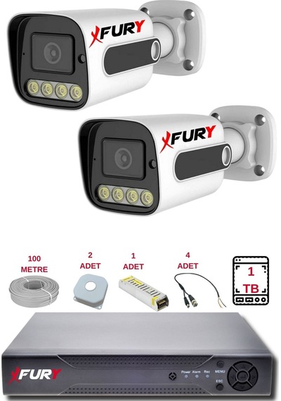 Fury 2 Kameralı Set Full Hd Gece Renkli Görüş - Cepten İzle - Su Geçirmez Güvenlik Kamerası Seti 1tb