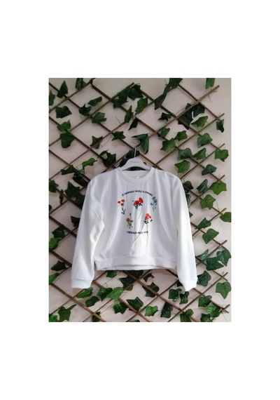Çınar Boutique Çicek Desenli Crop Sweatshirt Beyaz Beyaz