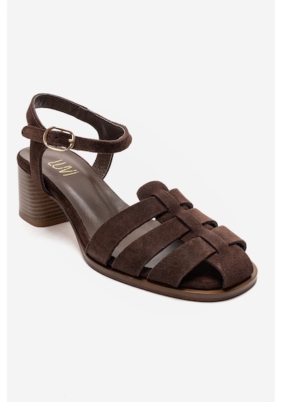 Luvishoes Evora Kahverengi Süet Hakiki Deri Kadın Kalın Topuklu Sandalet