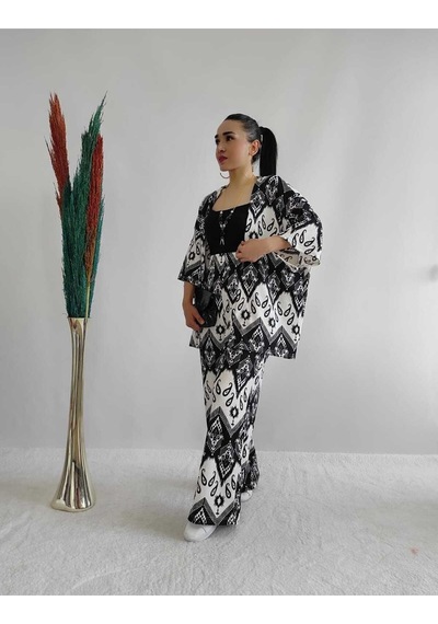 İpli Siyah Renk Desenli Ikili Kimono Takım Rahat Kalıp Siyah