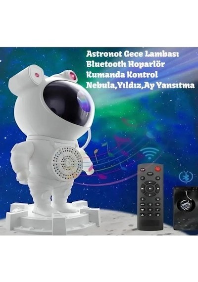 Astronot Robot Tasarım Bluetooth Hoparlörlü Gökyüzü Gece Lambası Beyaz