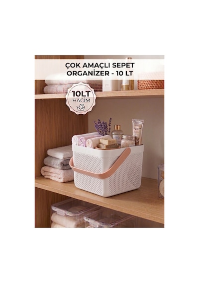 Dolap İçi Düzenleyici, Banyo, Mutfak Organizeri Kulplu Sepet, Dekoratif Saklama Kutusu, Banyo Düzenleyici Organizer 10lt beyaz