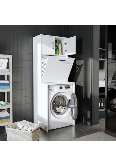 Çamaşır Sepetli Çamaşır Makinesi Dolabı, Banyo Dolabı Mat Beyaz