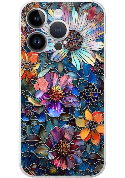 Printify Apple Uyumlu iPhone 14 Pro İle  Vitray Mücevher Flora Tasarımlı Şeffaf Silikon Kılıf Şeffaf
