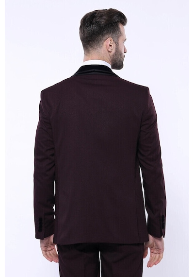 Desenli Bordo Velvet Çıkma Yaka Takım Elbise - Wessi Bordo