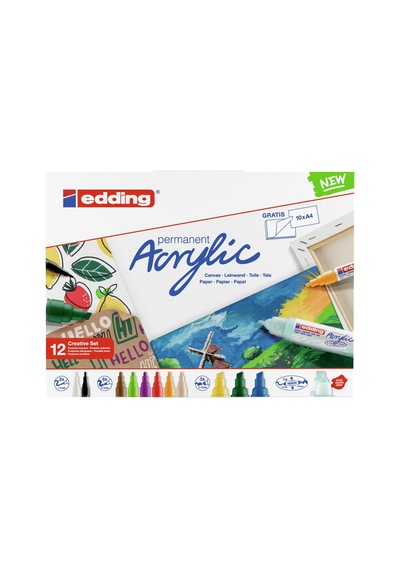 Edding Akrilik Boyama Markörü Seti Marker Creative Set 12 Mix Kalem + Akrilik Boya Defteri Çok Renkli