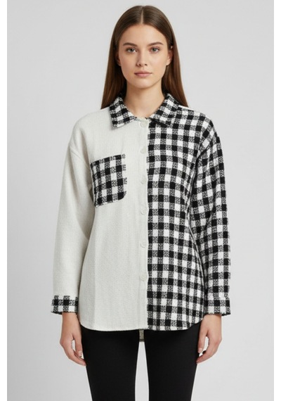 Kadın Siyah Oversize Fit Ekoseli Desenli Uzun Kollu %100 Pamuk Gömlek, Ceket, Kadın Oduncu Gömlek Siyah