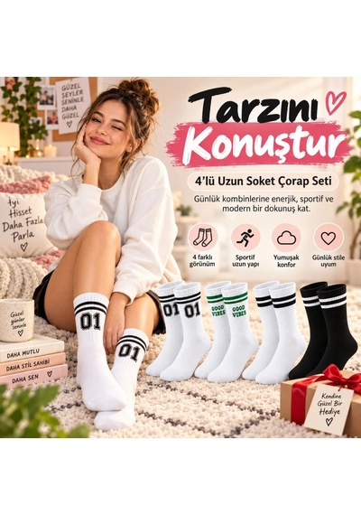 Storeşahin Unisex Çorap Çizgili 8'li Set 07 Good Vibes Yazılı Siyah Beyaz Uzun Soket Spor Kolej Stil Çorap Shn0720 Çok  Renkli