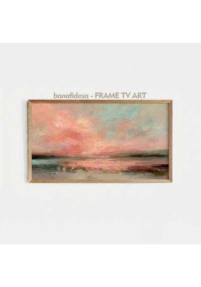 Frame Tv İçin Sıcak Gün Batımı Manzarası Nötr Kıyı Tablosu Yumuşak Pastel Gökyüzü Sanatı Dijital İndirme