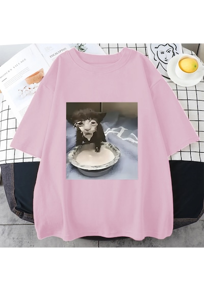 Flood Of Style Süt Yüz Kedi Meme Baskı T Shirt Garip Mizah Komik Kedi Grafik T-shirt Erkek Kadın Hip Hop Pam Pembe