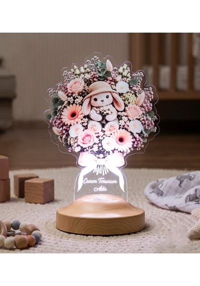 Sevimli Tavşan Işıklı Çiçek Buketi Led Lamba - Kız Bebeğe, Çocuğa İsimli Doğum Günü Hediyesi Tavşan Çiçek Buketi