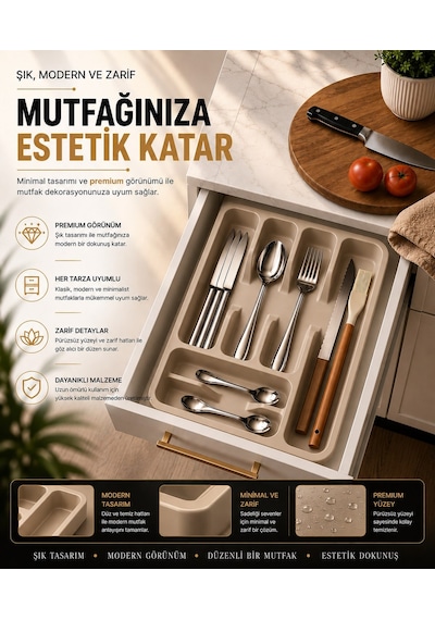 6 Bölmeli Çekmece İçi Kaşıklık, Plastik Çatal Bıçak Organizeri, Mutfak Düzenleyici Bej S-11003