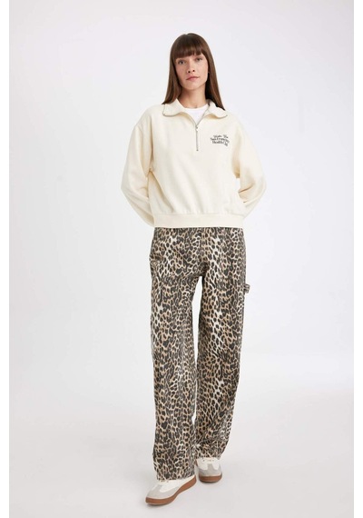 Defacto Regular Fit Baskılı Yarım Fermuarlı Dik Yaka Kalın Sweatshirt D5298AX24AUBG759 Bej