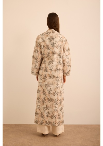 Aker Yaprak Desenli Keten Yandan Bağlamalı Kimono Ekru Ekru