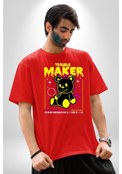 Baş Belası Teddy Pamuklu Bisiklet Yaka Unisex Oversize Boyfriend Dijital Baskılı Kırmızı T-shirt Kırmızı