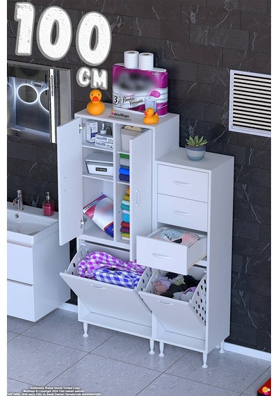 Hayal 100 Cm Kirli Çamaşır Dolabı Çok Amaçlı Modüler Banyo Dolabı - Beyaz 65+35 X160x32 Cm