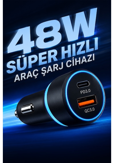 48w Hızlı Araç İçi Şarj Cihazı - Çift Portlu Type-c Şarj Kablolu Hızlı Şarj Cihazı