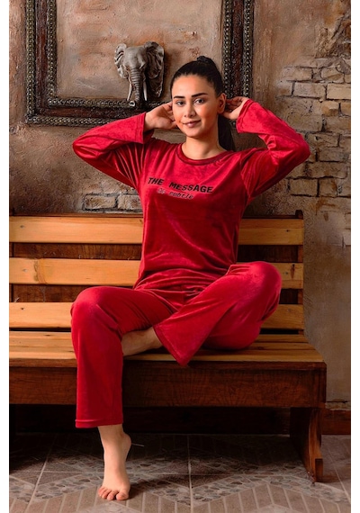 Sude Kadın Kışlık Bisiklet Yaka Kadife Pijama Takımı K803/97 - 1 Adet 001