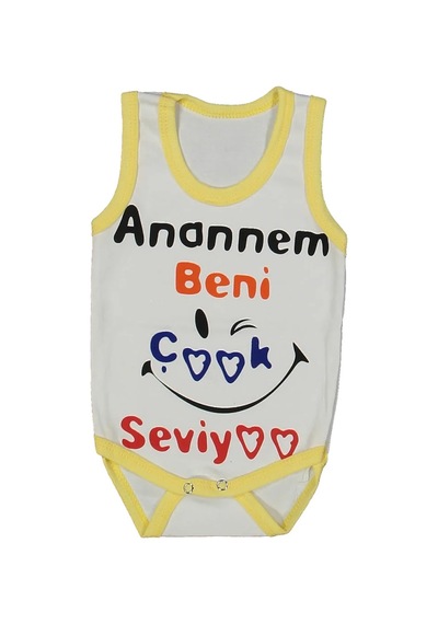 Bebegen Unısex Beyaz Sarı Biyeli Anaannem Beni Seviyor Yazılı Askılı Zıbın