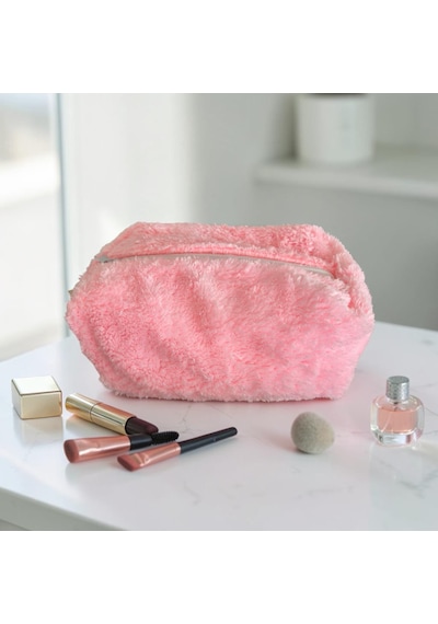 Neon Pembe Peluş Yumuşak Makyaj Çantası Çok Amaçlı Çanta