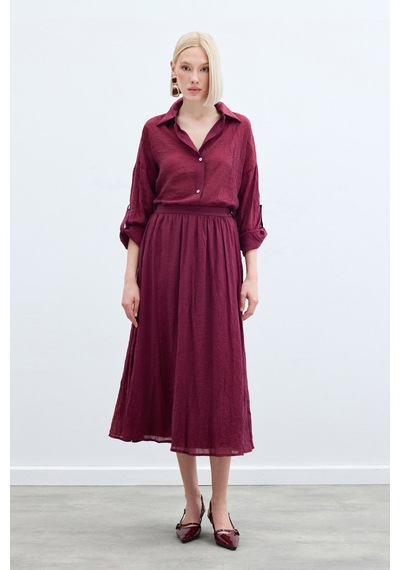 Sateen Kraşlı Kloş Etek - Bordo-136222 Bordo