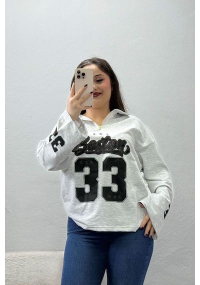 Belendir Kadın 2 İplik Baskılı Polo Yaka Oversize Sweatshirt Gri