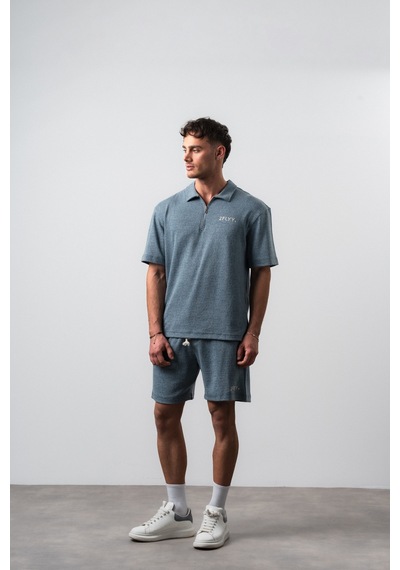Erkek 2flyy Yazılı Yarım Fermuarlı Regular Fit T-shirt Şort Takım Petrol
