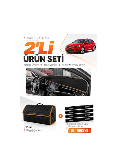 E-biz Opel Astra K 2015-2021 Uyumlu Torpido Örtüsü + Deri Bagaj Çantası - Siyah-kahverengi - Op005