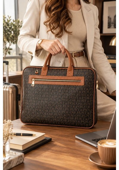 Kahve Taba Orijinal Just Polo Monogram Deri Laptop Ve Evrak Cantasi Kahverengi-Taba