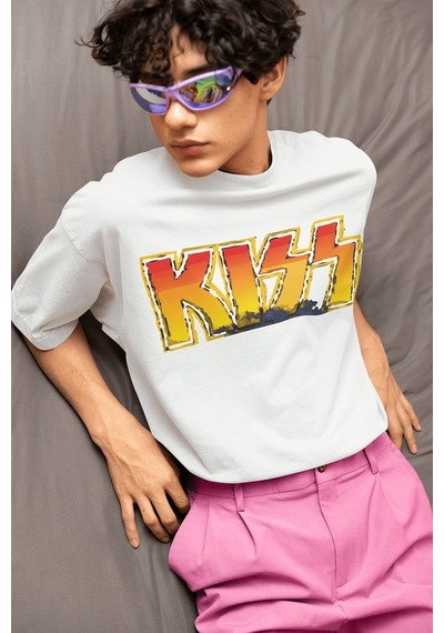 Kiss Rock Metal Müzik Grubu Baskılı Unisex Oversize Tasarım Tişör Beyaz