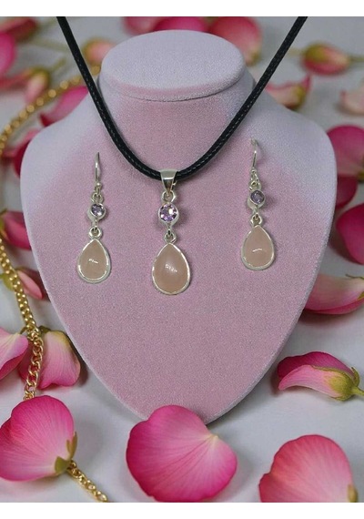 Doğal Pembe Kuvars Taşlı 925 Ayar Gümüş Kolye Ucu Ve Küpe Seti