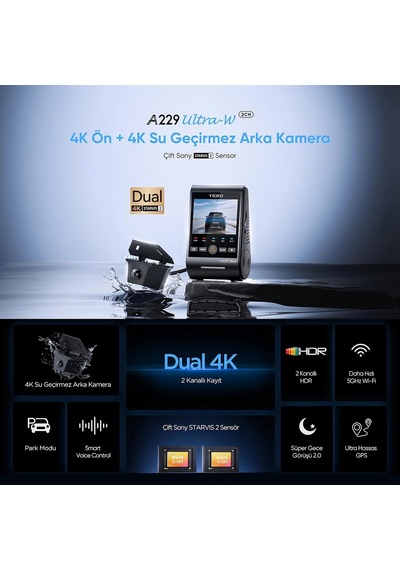 Tr A229 Ultra-w 2 Kameralı Ön Ve Arka Dış Su Geçirmez 4k+4k Sony Starvis 2 Sensörlü Dual Hdr Wi-fi 6 Gps'li Araç