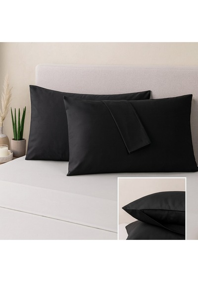 Siyah Pamuk Kumaş Kapaklı Yastık Kılıfı 2 Adet 50 X 70 Cm