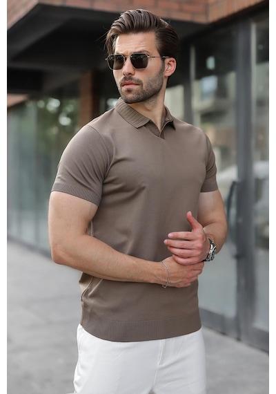 Madmext Açık Kahverengi Regular Fit Polo Yaka Triko Erkek Tişört E7502