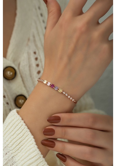 Papatya Silver 925 Ayar Rose Altın Kaplama Renkli Baget Taşlı Suyolu Gümüş Bileklik