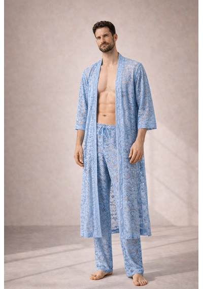 Qmen Style Erkek Güpür Dantel Kimono Takımı 3 Lü Dantel Set Bornoz + Pantolon + Şort Mavi