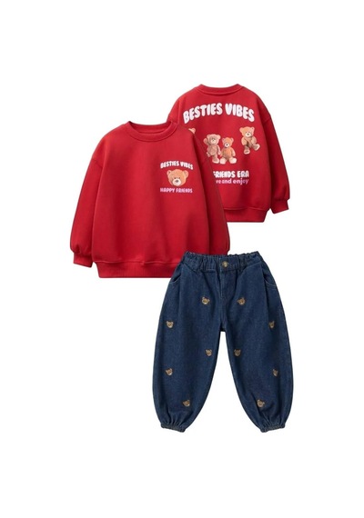 Eray Alp Kids Kız Çocuk Sweatshirt Jean Pantolon Takım Günlük Rahat Kombin Kırmızı