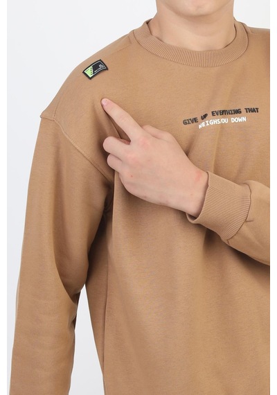 Bisiklet Yaka Baskı Detaylı Erkek Çocuk Sweatshirt-90907 Kahverengi